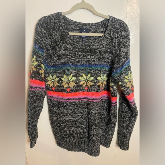 American Eagle Fair Isle Nordic Wool Blend Jegging Gray Black Sweater size Large - Picture 1 of 4